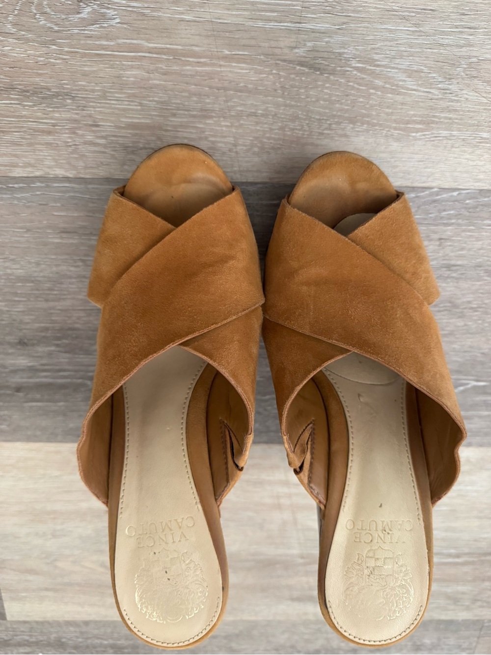 Vince Camuto Cognac Suede Crisscross Mule Slides. Real genuine suede leather.